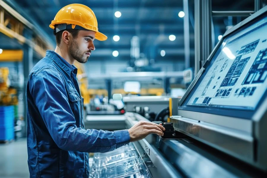 Man at machine in packaging facility.